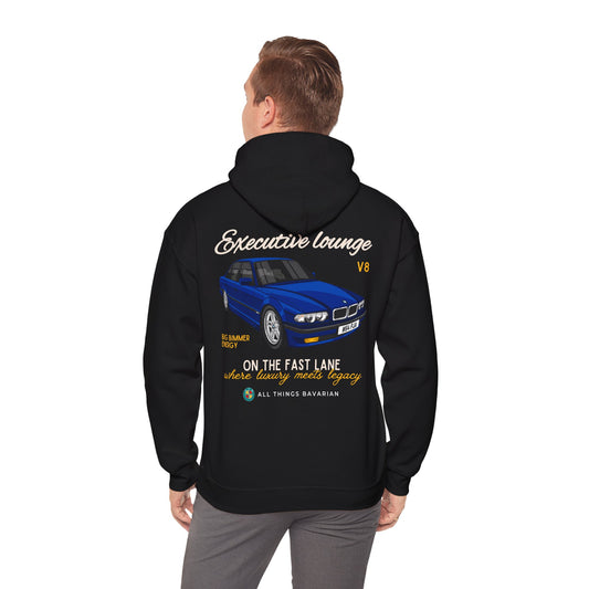 BMW e38 735i Avus Blue Unisex Hoodie in Black - 100% Cotton (Back graphic)