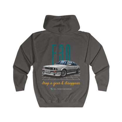 BMW e30 Unisex, Zip up Hoodie in Grey/Red/Blue Drop a gear and disappear