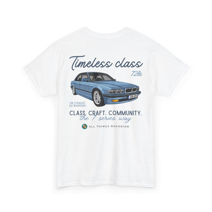 BMW e38 Steel Blue Unisex T Shirt in White - 100% Cotton (Back graphic)