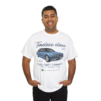 BMW e38 Steel Blue Unisex T Shirt in White - 100% Cotton (Front graphic)