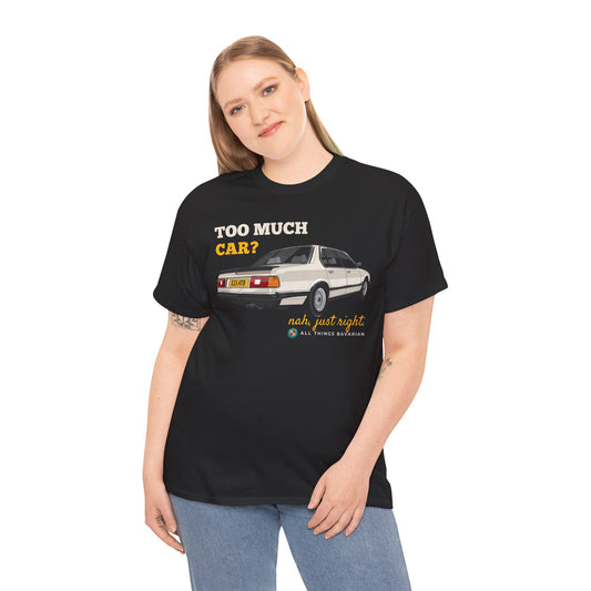 BMW e23 735i (Gold) Unisex T Shirt in Black - 100% Cotton (Front Graphic)