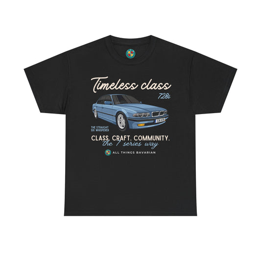 BMW e38 728i (Steel Blue) Unisex T Shirt in Black - 100% Cotton (Front Graphic)
