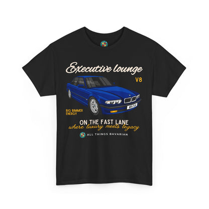 BMW e38 Avus Blue Unisex T Shirt in Black - 100% Cotton (Front graphic)