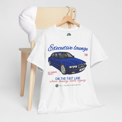 BMW e38 Avus Blue Unisex T Shirt in White - 100% Cotton (Front graphic)