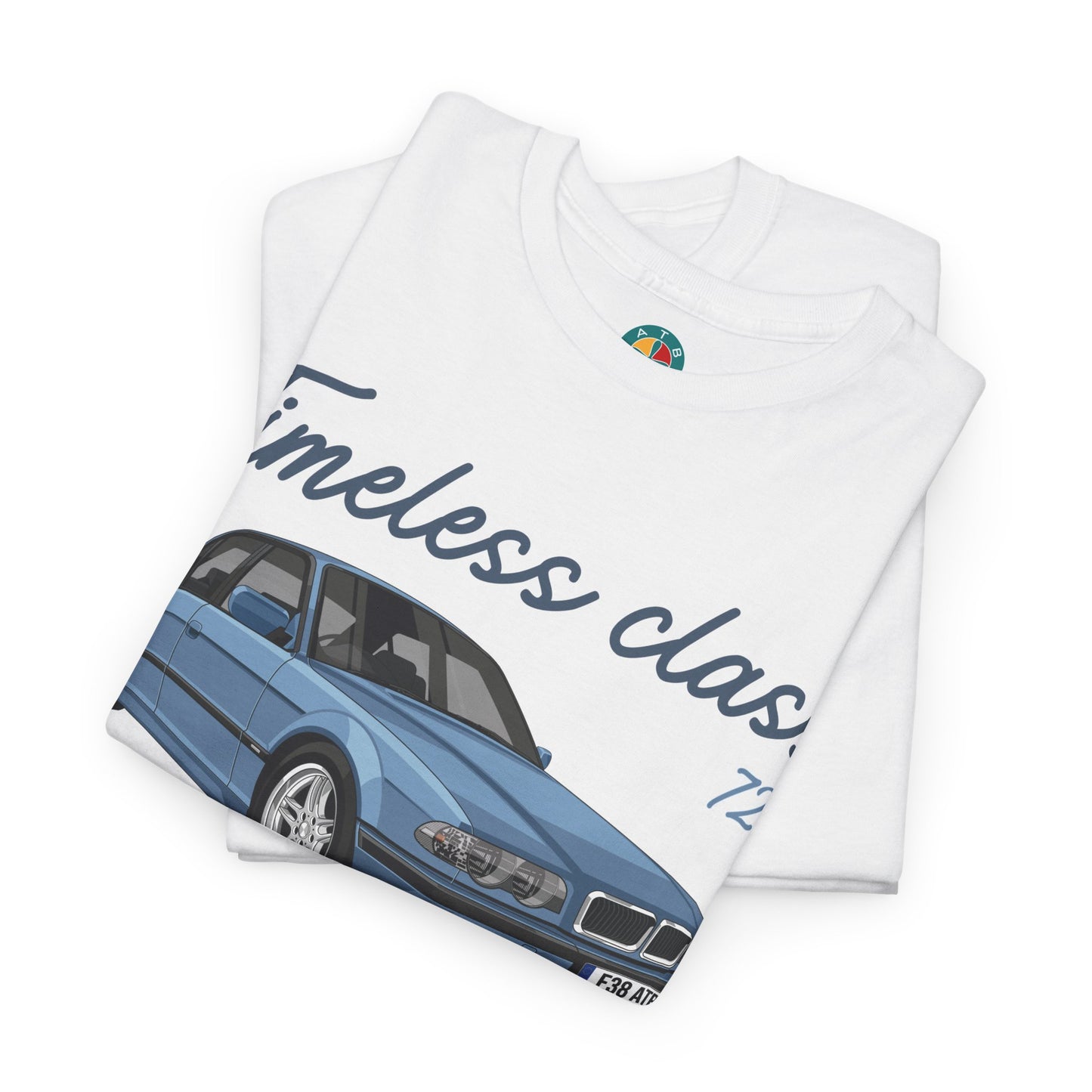 BMW e38 Steel Blue Unisex T Shirt in White - 100% Cotton (Front graphic)