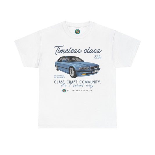 BMW e38 Steel Blue Unisex T Shirt in White - 100% Cotton (Front graphic)