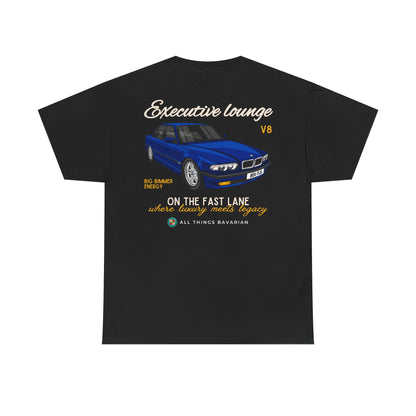 BMW e38 Avus Blue Unisex T Shirt in Black - 100% Cotton (Back graphic)
