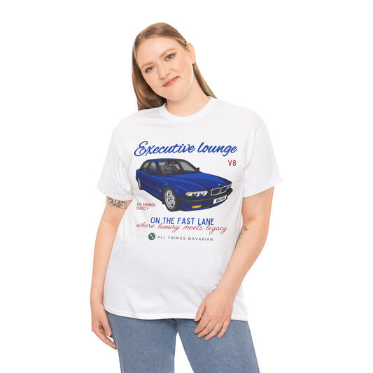 BMW e38 Avus Blue Unisex T Shirt in White - 100% Cotton (Front graphic)