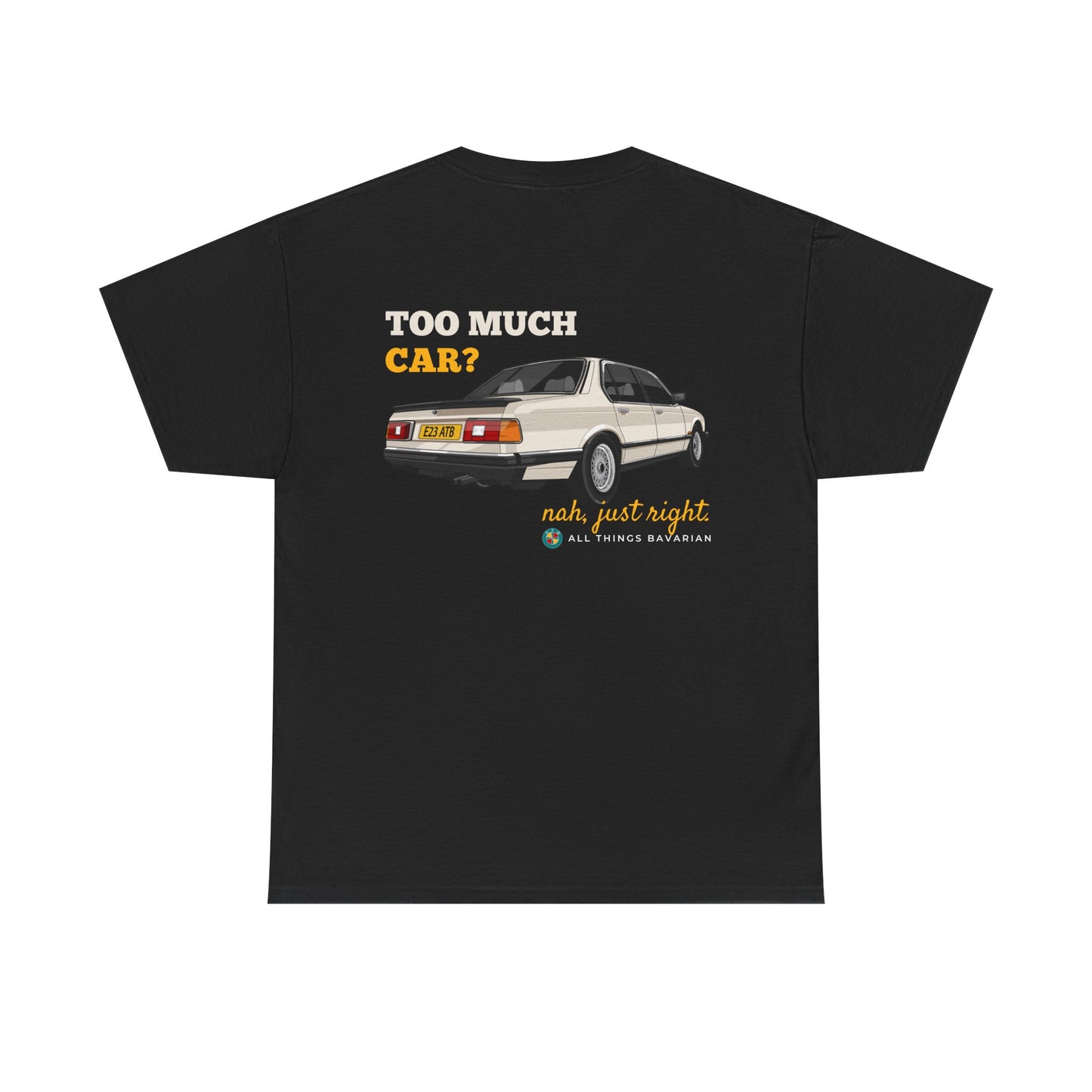 BMW e23 735i (Gold) Unisex T Shirt in Black - 100% Cotton (Back Graphic)