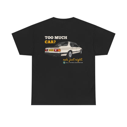 BMW e23 735i (Gold) Unisex T Shirt in Black - 100% Cotton (Back Graphic)