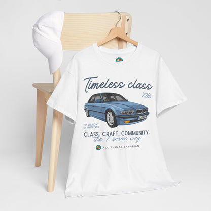 BMW e38 Steel Blue Unisex T Shirt in White - 100% Cotton (Front graphic)