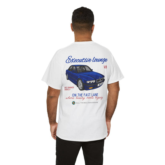BMW e38 Avus Blue Unisex T Shirt in White - 100% Cotton (Back graphic)