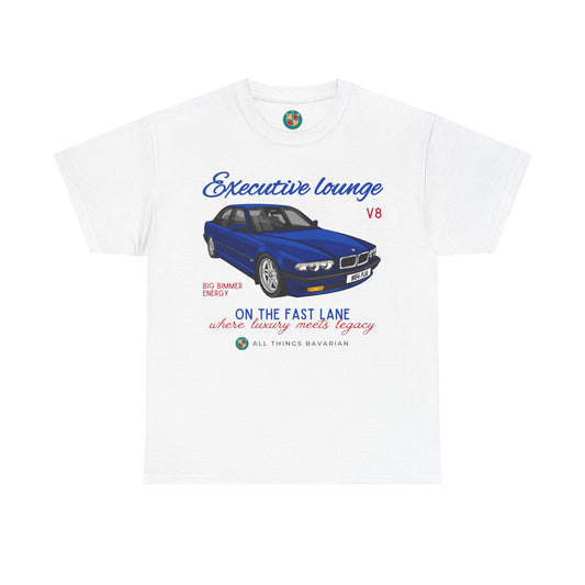 BMW e38 Avus Blue Unisex T Shirt in White - 100% Cotton (Front graphic)