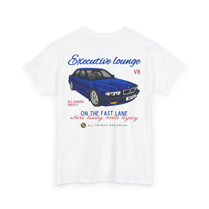BMW e38 Avus Blue Unisex T Shirt in White - 100% Cotton (Back graphic)