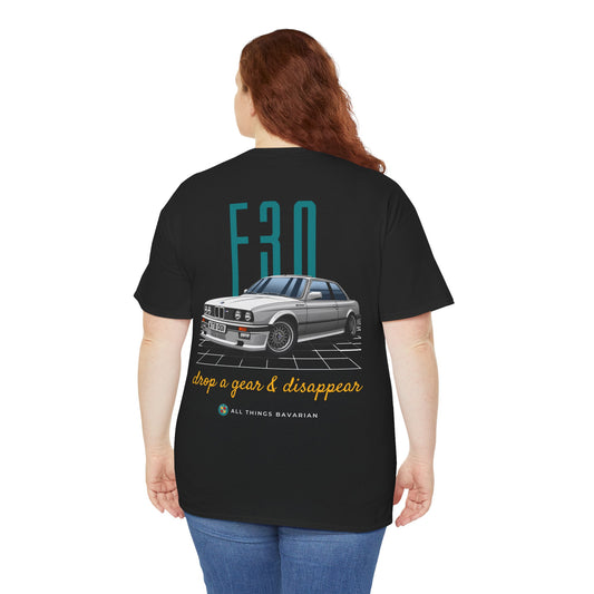 BMW e30 323i (Silver) Unisex T Shirt in Black - 100% Cotton