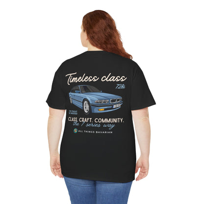 BMW e38 728i (Steel Blue) Unisex T Shirt in Black - 100% Cotton (Back Graphic)
