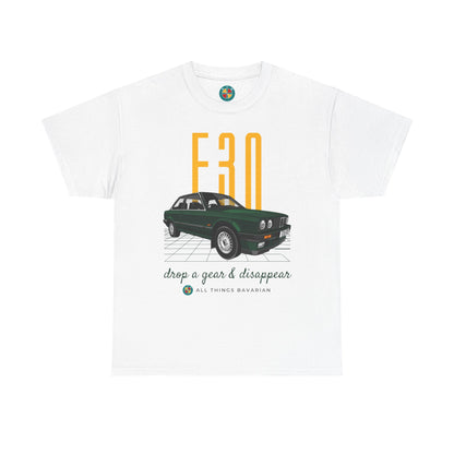 BMW e30 Green - Unisex T Shirt in White - 100% Cotton (Front graphic)