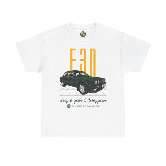 BMW e30 Green - Unisex T Shirt in White - 100% Cotton (Front graphic)