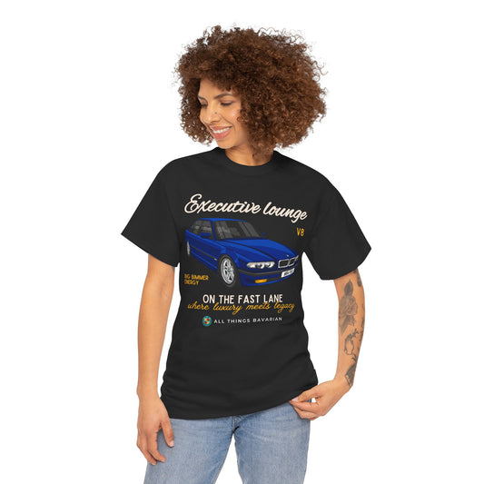 BMW e38 Avus Blue Unisex T Shirt in Black - 100% Cotton (Front graphic)