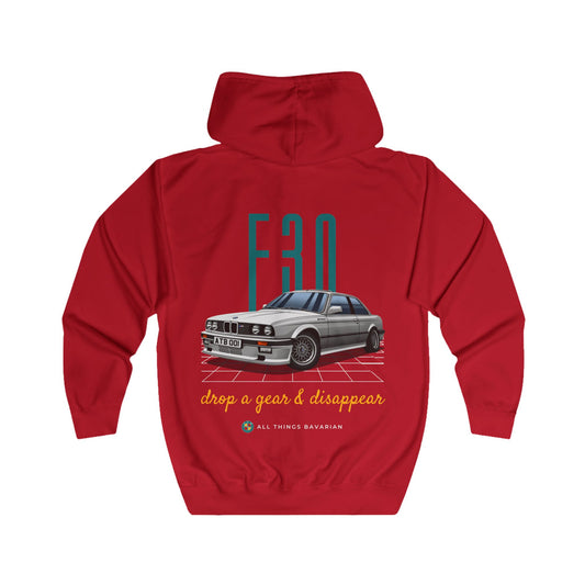 BMW e30 Unisex, Zip up Hoodie in Grey/Red/Blue Drop a gear and disappear