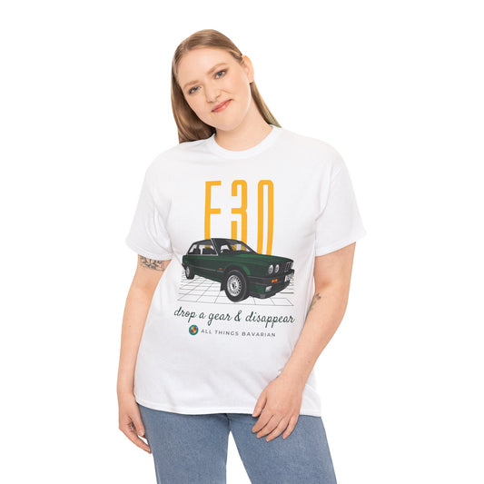 BMW e30 Green - Unisex T Shirt in White - 100% Cotton (Front graphic)