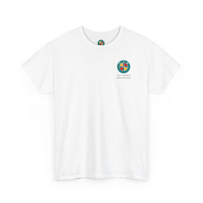 BMW e38 Avus Blue Unisex T Shirt in White - 100% Cotton (Back graphic)