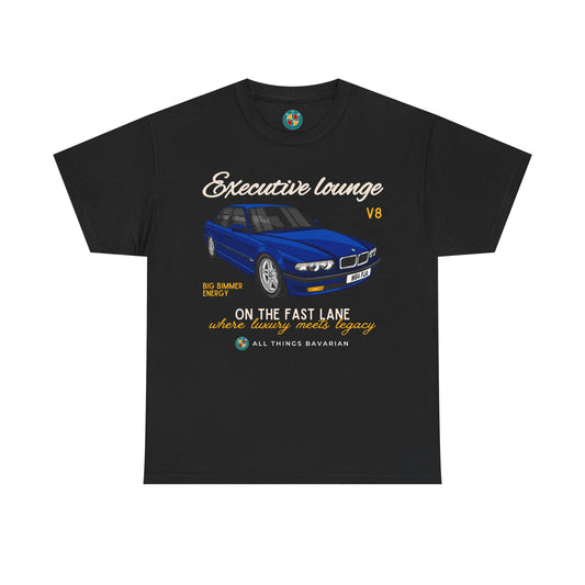 BMW e38 Avus Blue Unisex T Shirt in Black - 100% Cotton (Front graphic)