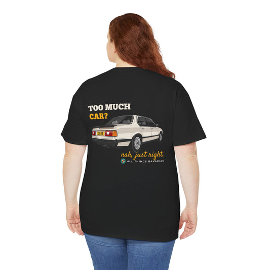 BMW e23 735i (Gold) Unisex T Shirt in Black - 100% Cotton (Back Graphic)