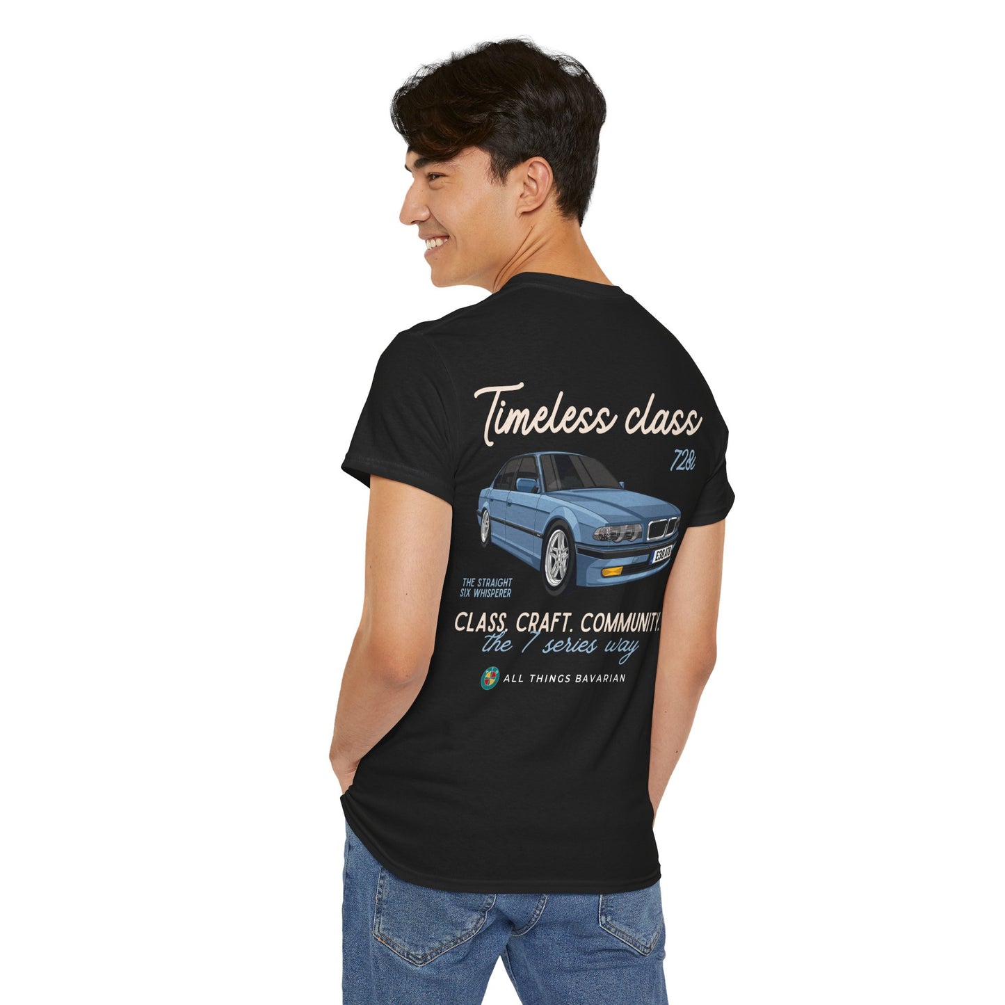 BMW e38 728i (Steel Blue) Unisex T Shirt in Black - 100% Cotton (Back Graphic)