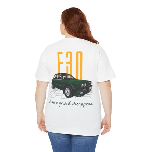 BMW e30 Green - Unisex T Shirt in White - 100% Cotton (Back graphic)