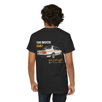 BMW e23 735i (Gold) Unisex T Shirt in Black - 100% Cotton (Back Graphic)