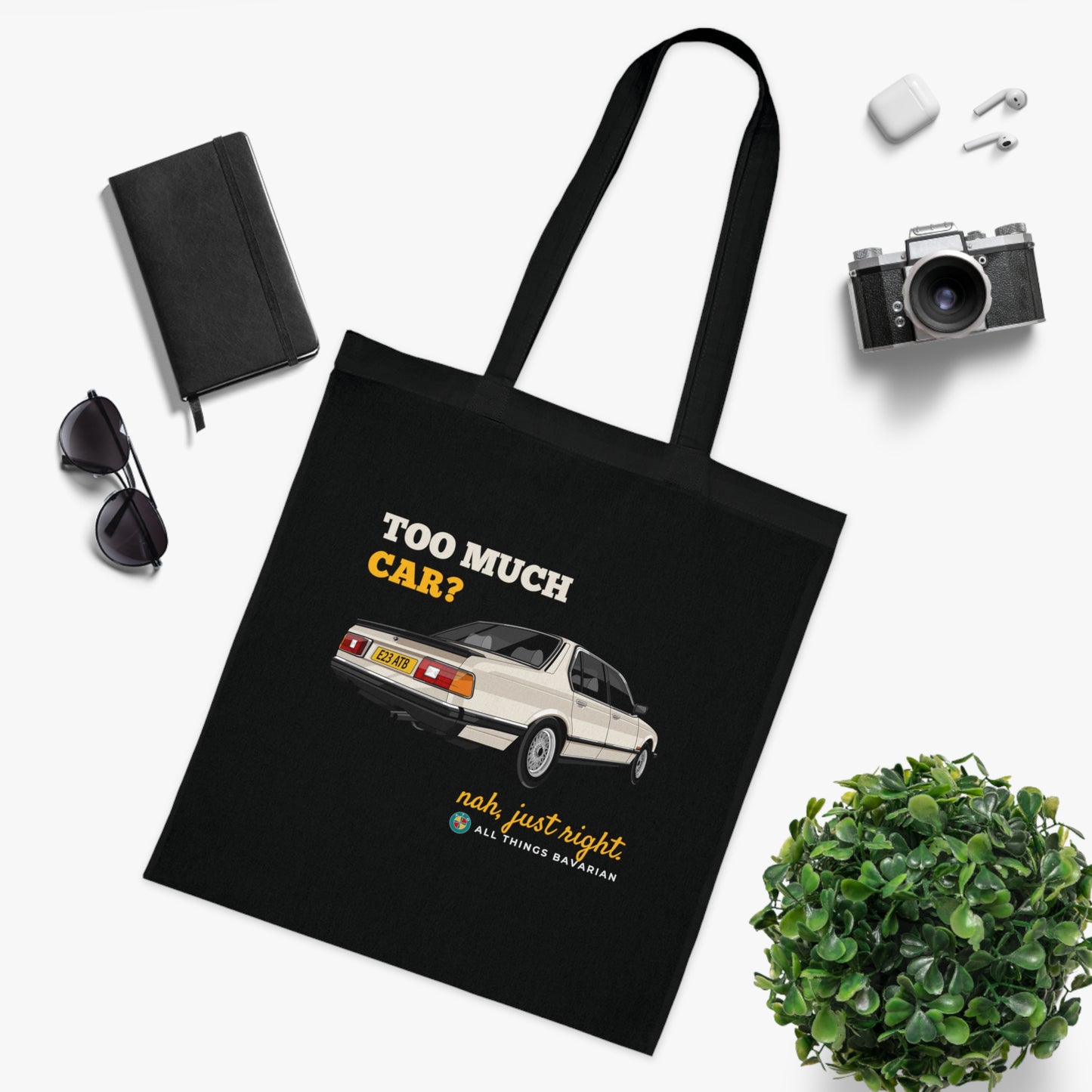 BMW e23 735i Gold Tote Bag in Black - 100% cotton