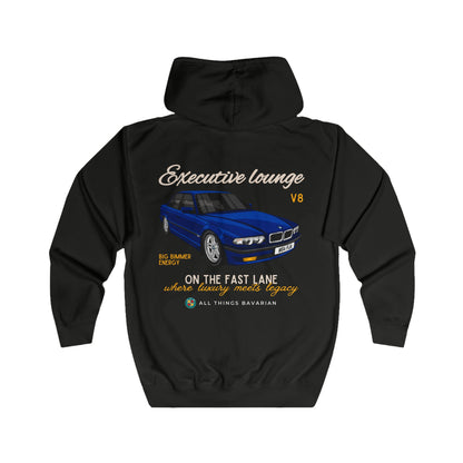 BMW e38 Avus Blue Unisex Full Zip Hoodie in Black